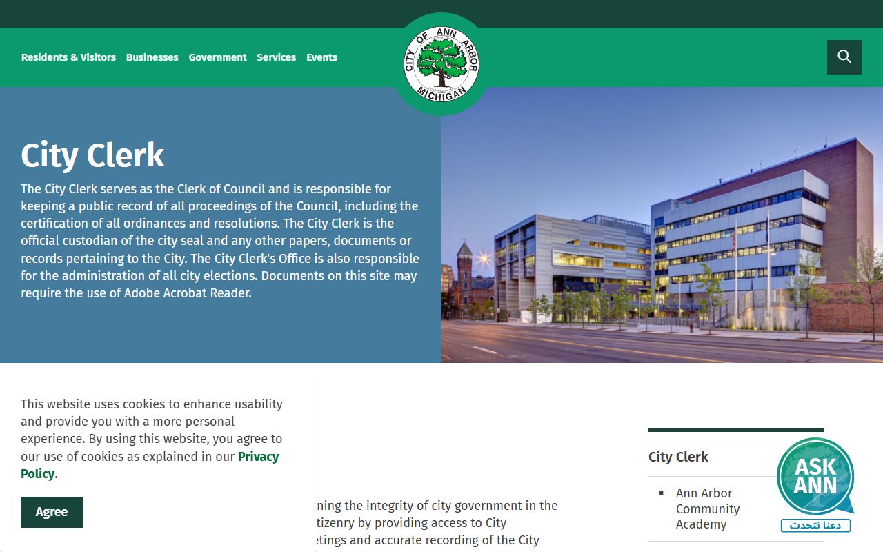 Ann Arbor City Clerk page showing services for Ann Arbor marriage records