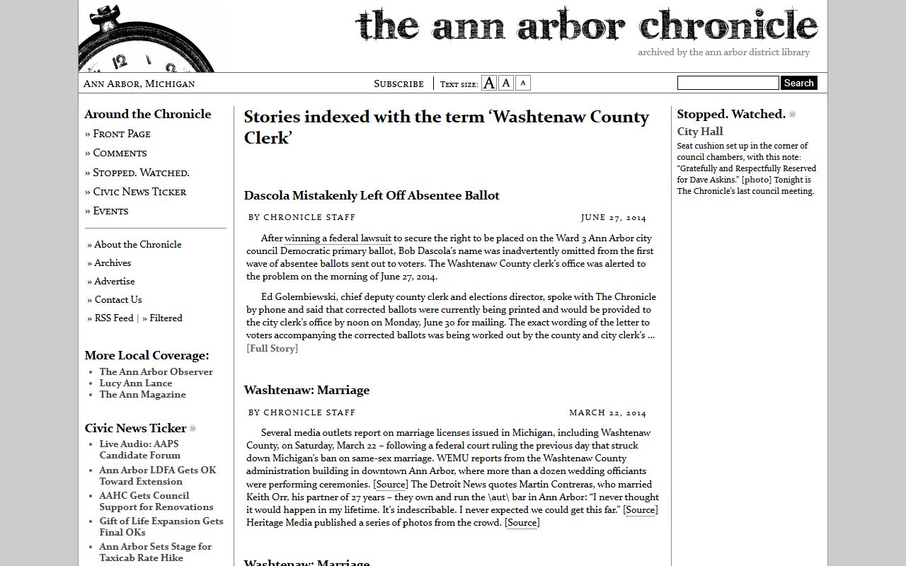 Ann Arbor Chronicle coverage of Washtenaw County Clerk for Ann Arbor marriage records