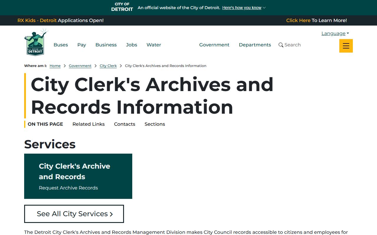 Detroit City Clerk Archives page showing records available in Detroit marriage records system