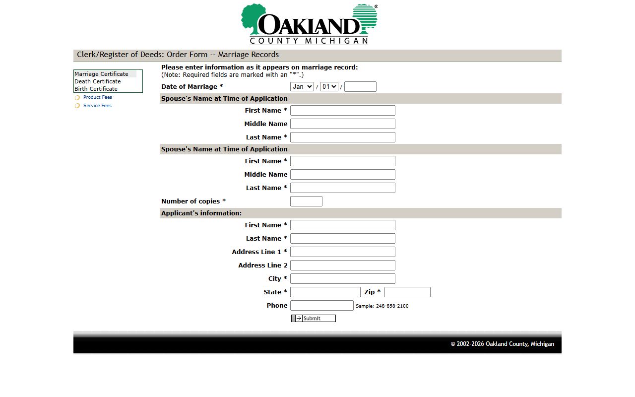 Oakland County online portal for ordering certified marriage certificates