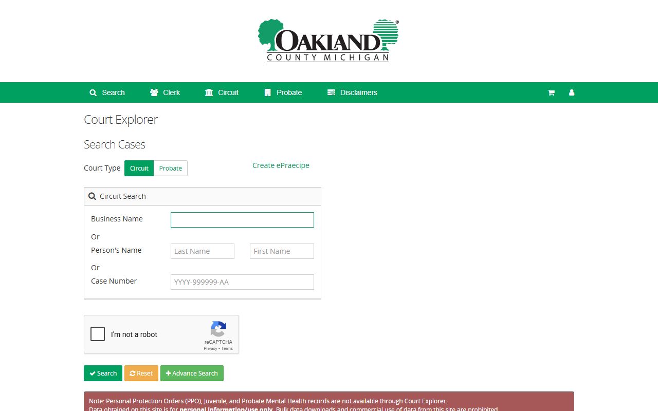 Oakland County Court Explorer case search portal