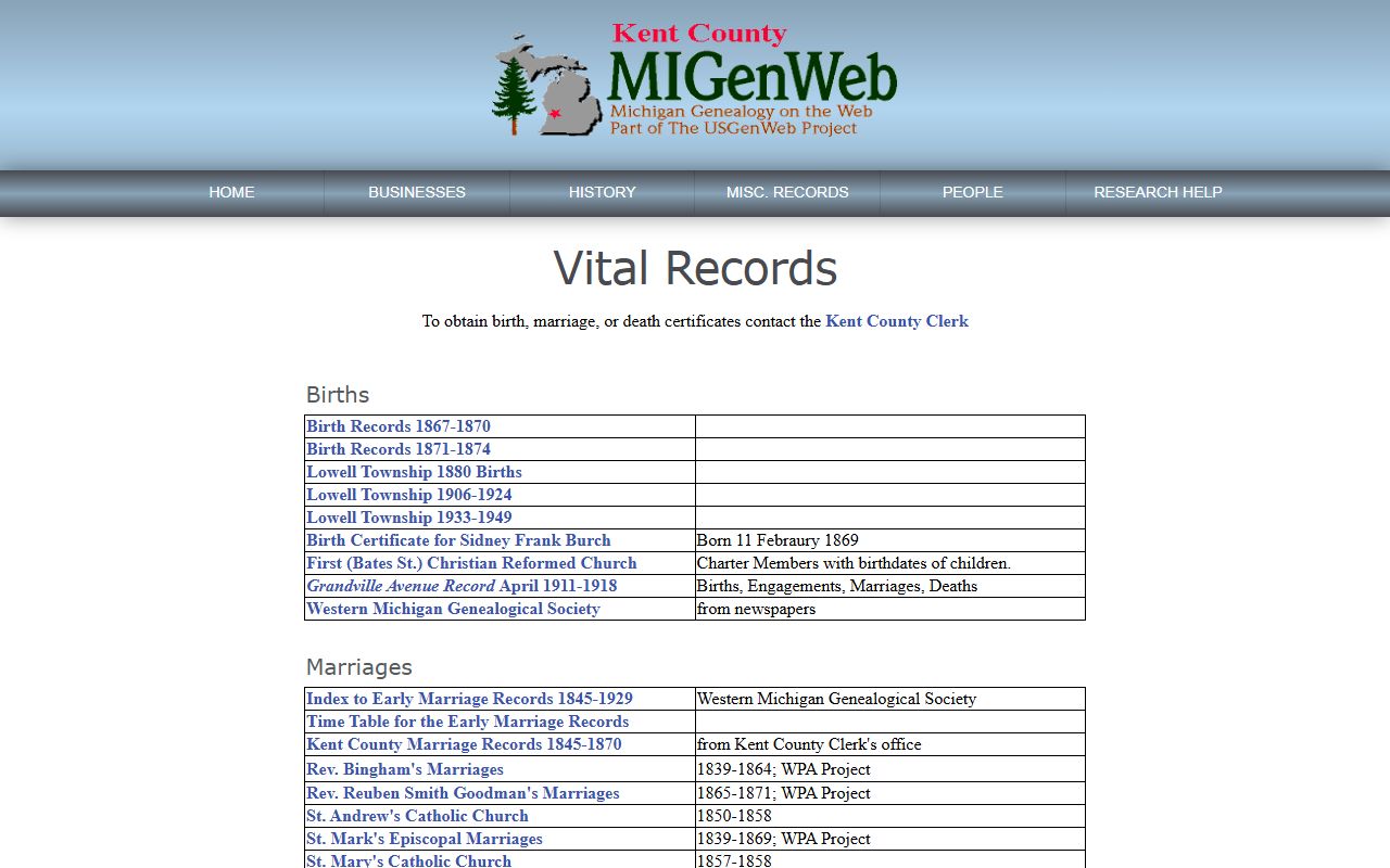 MIGenWeb Kent County vitals page for Grand Rapids marriage records genealogy research