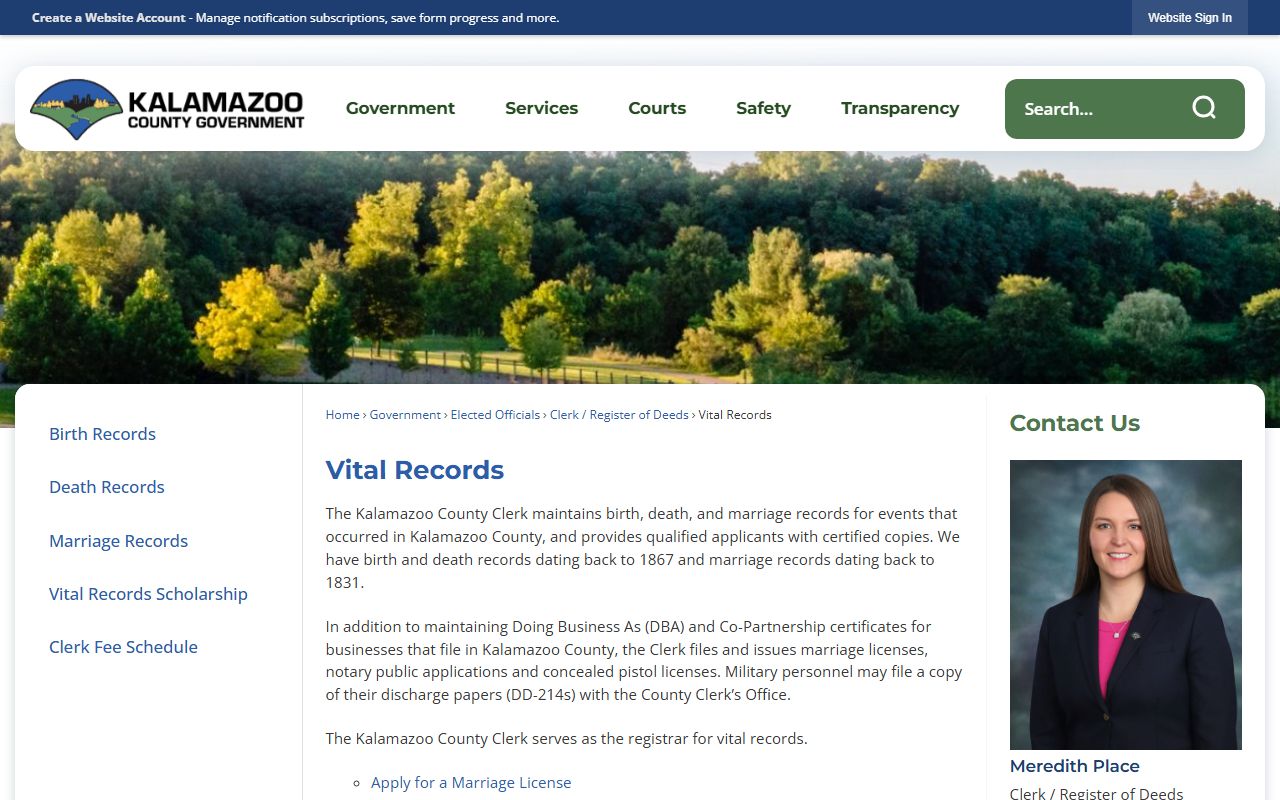 Kalamazoo County vital records page for marriage records