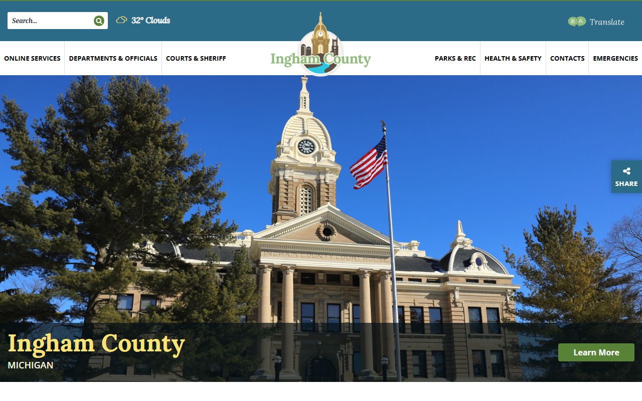Ingham County homepage with links to marriage records and clerk services