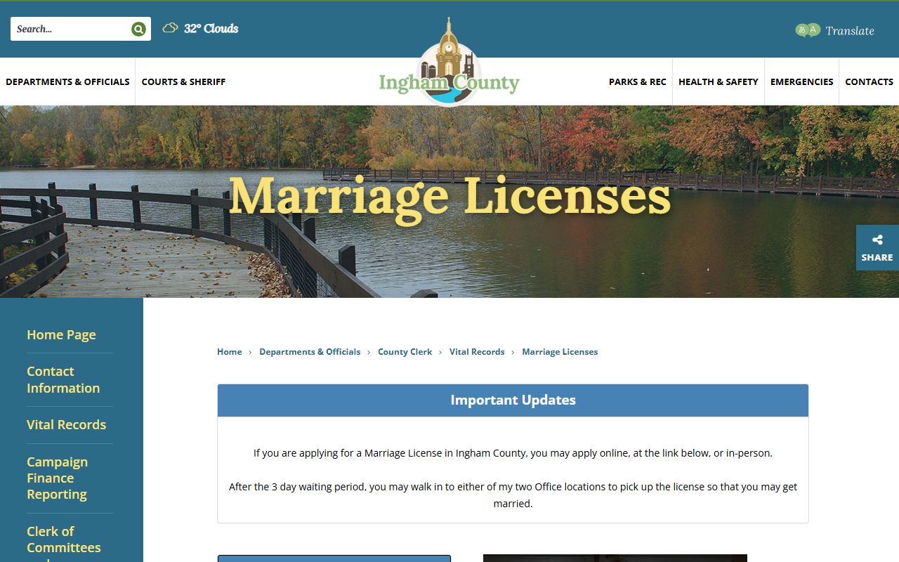 Ingham County marriage license application and requirements page