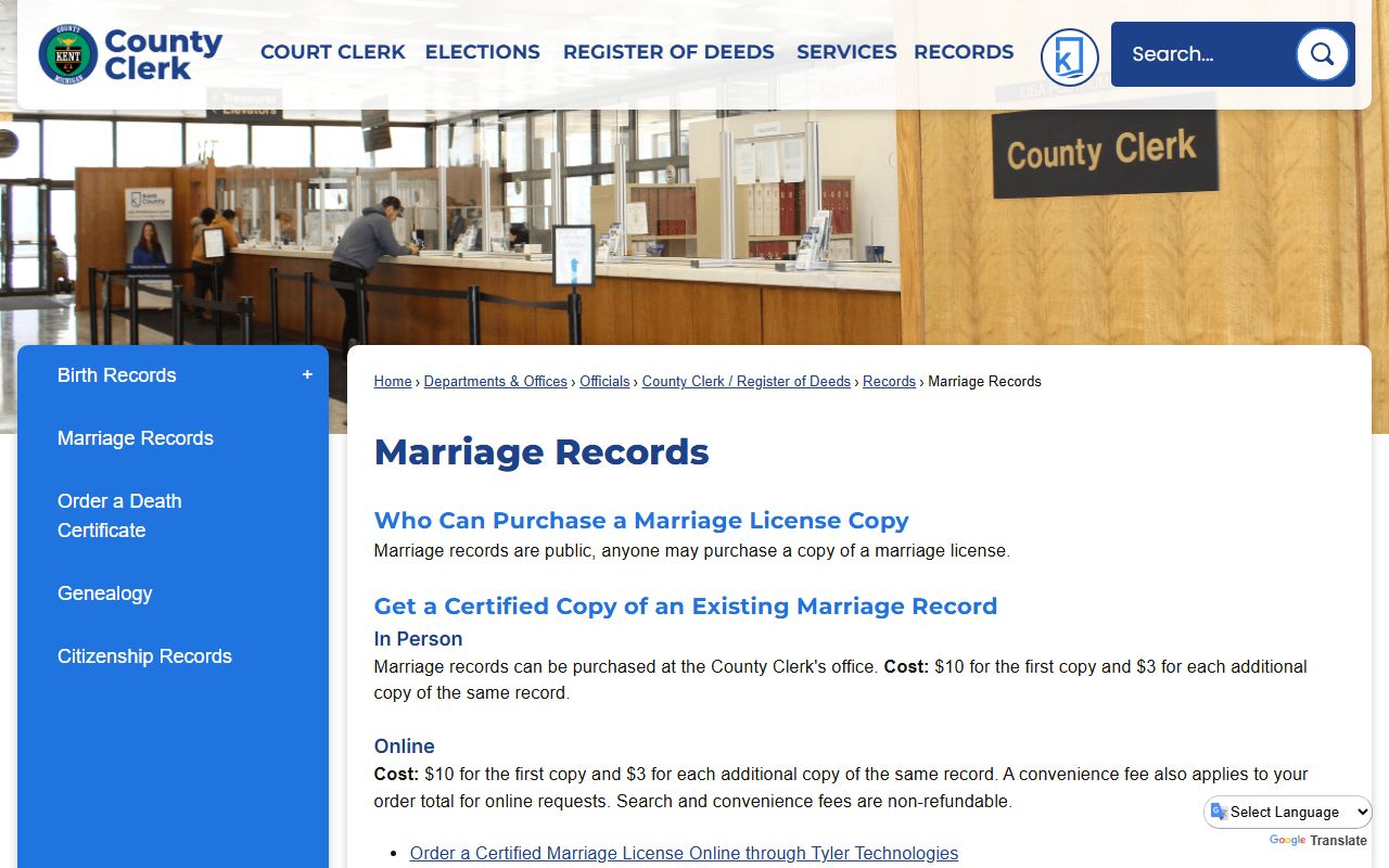 Kent County Clerk marriage records page with certified copy request options