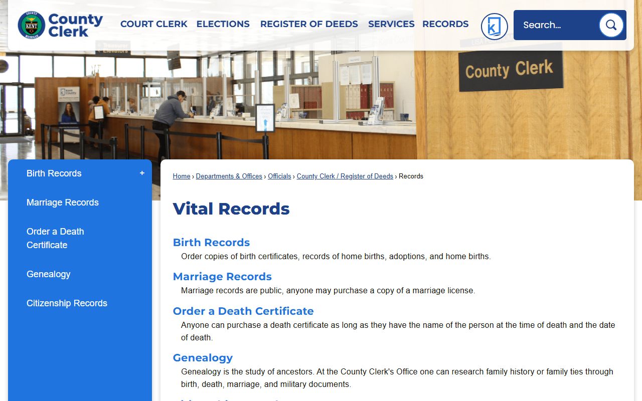 Kent County vital records page showing available record types and access options
