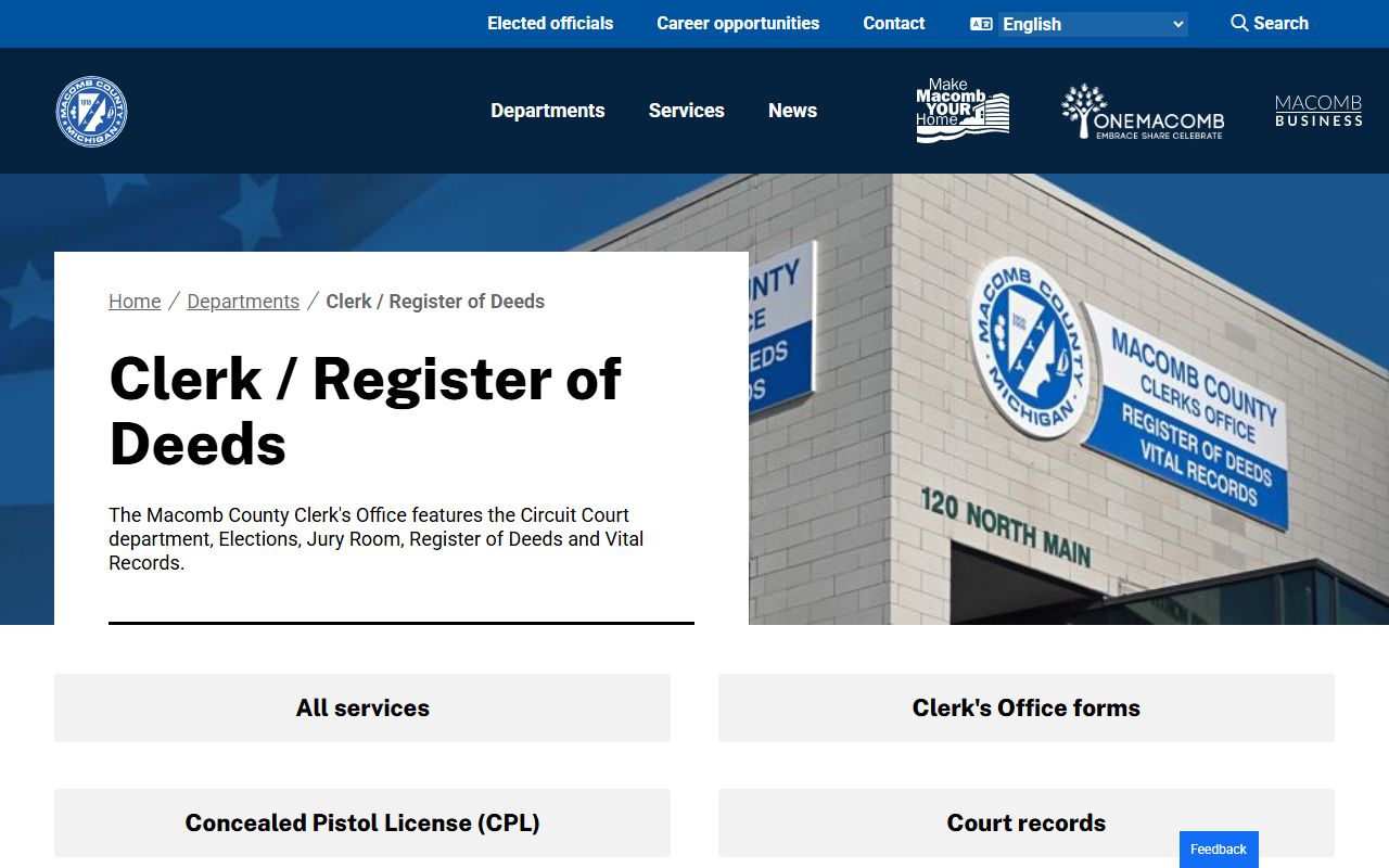 Macomb County Clerk and Register of Deeds website with marriage records information