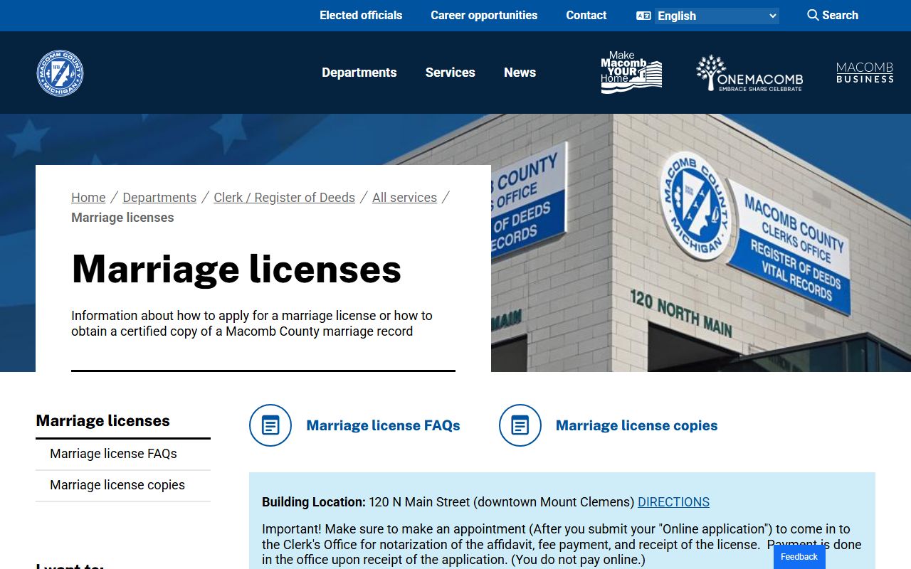Macomb County marriage license application page with requirements and process steps