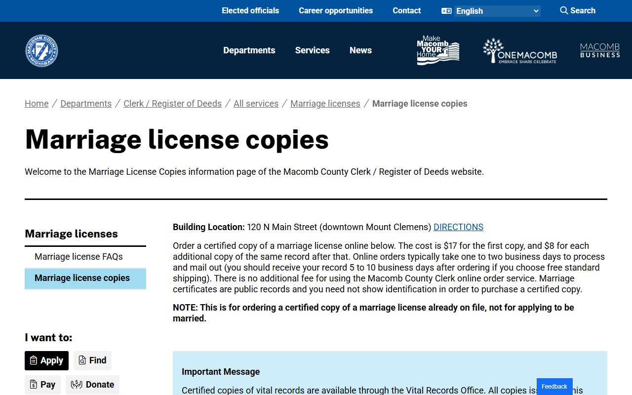 Macomb County marriage license copies request page with ordering options and fees