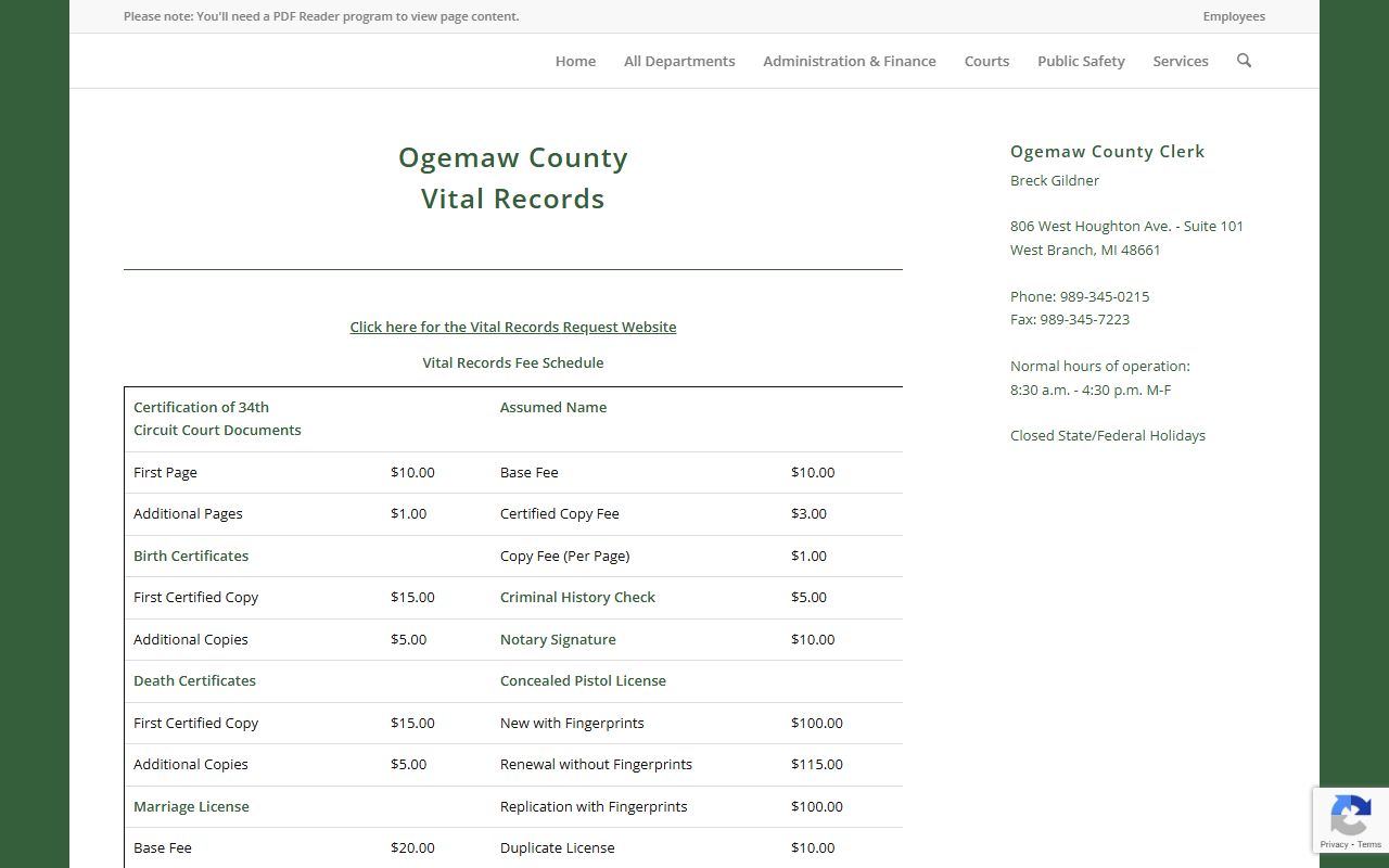 Ogemaw County vital records page at ocmi.us