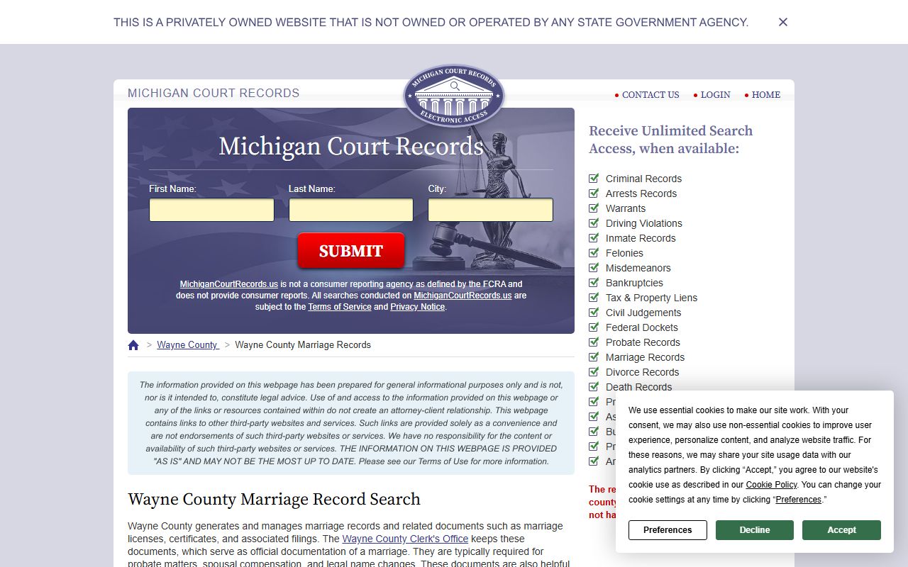 Wayne County marriage records overview showing available record types and access methods