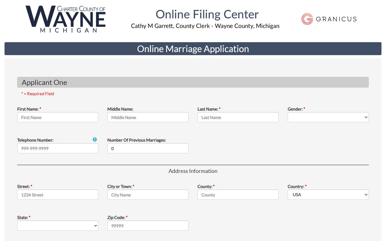 Wayne County online marriage license application portal at evitals.waynecounty.com