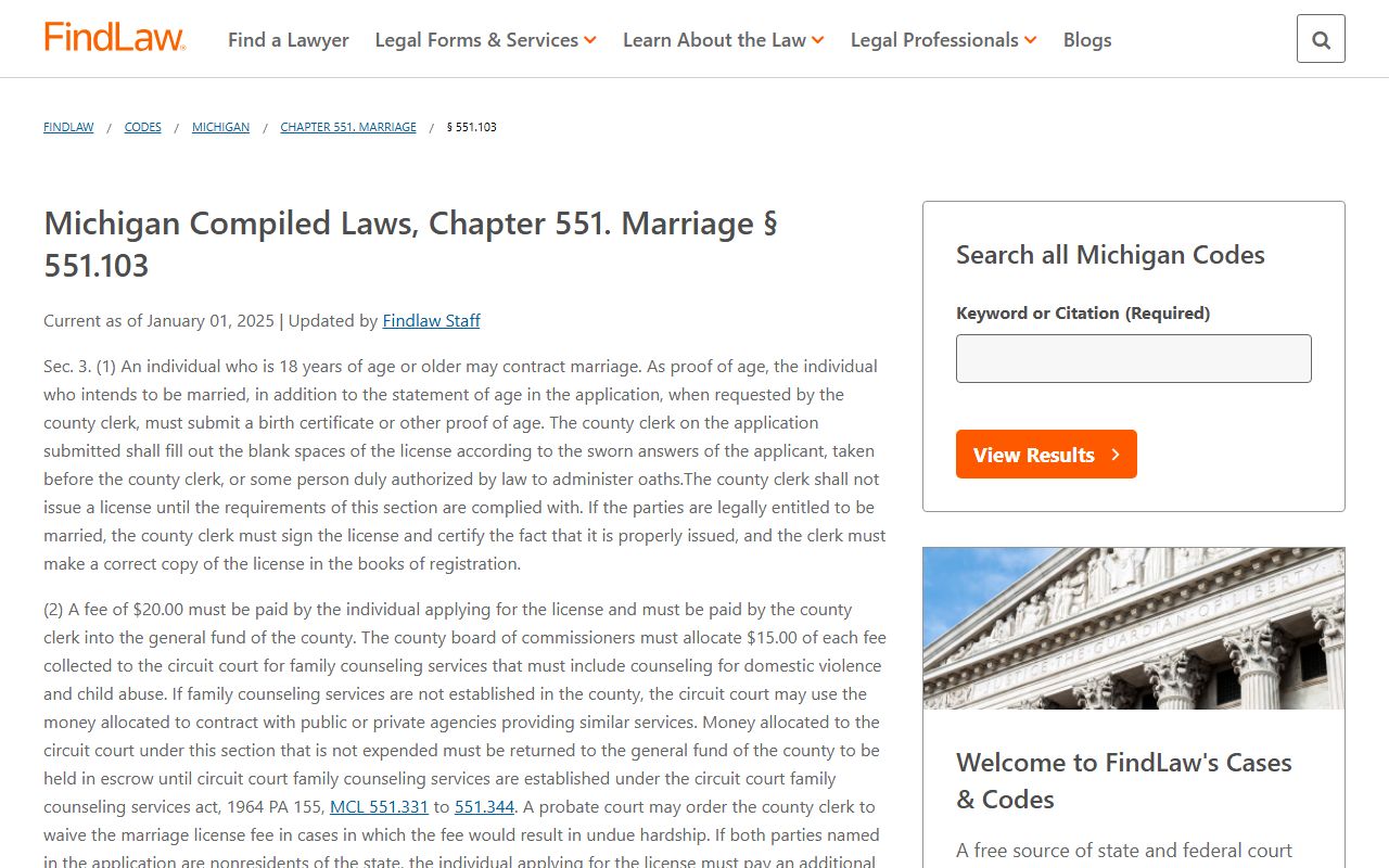 MCL 551.103 on FindLaw showing Michigan marriage license validity rules