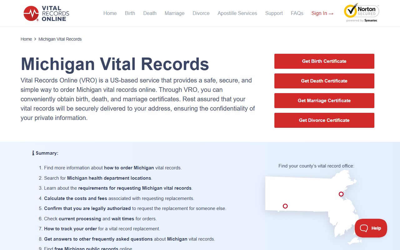 Vital Records Online search page for Michigan marriage records