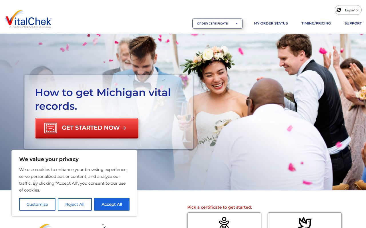 VitalChek online ordering page for Michigan marriage records